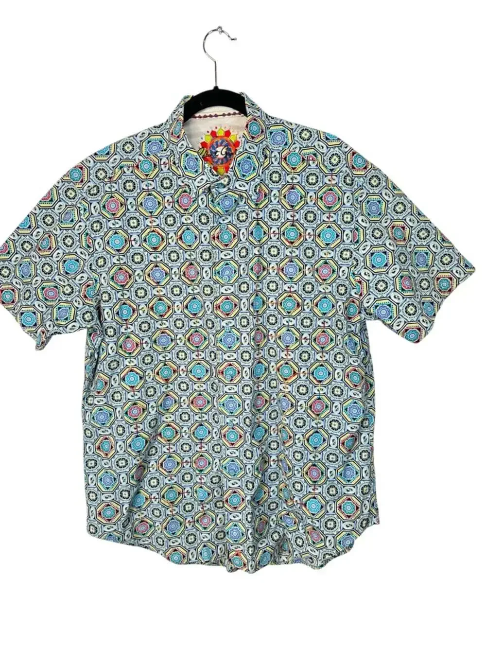 Robert Graham Blue Multi Geo Print Button Up Shirt Short Sleeve Large Luxury XL